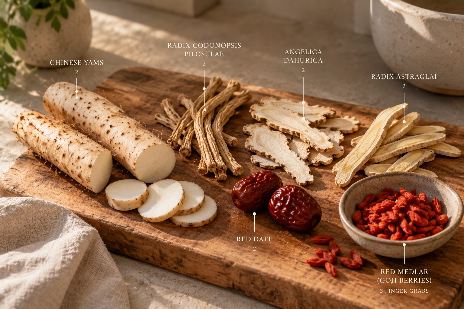 Traditional Chinese postpartum herbs laid out on a wooden board: Chinese yams, codonopsis root, angelica dahurica, astragalus root, red dates, and goji berries