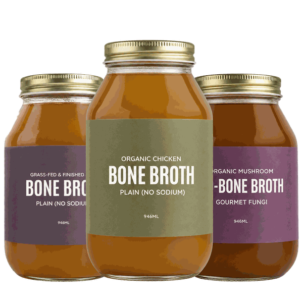 Assorted broth: chicken, beef and mushroom jars side by side