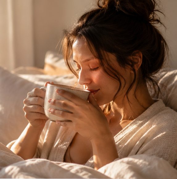 A mother in a soft knit robe, eyes closed, sipping warm broth from a ceramic mug in bed